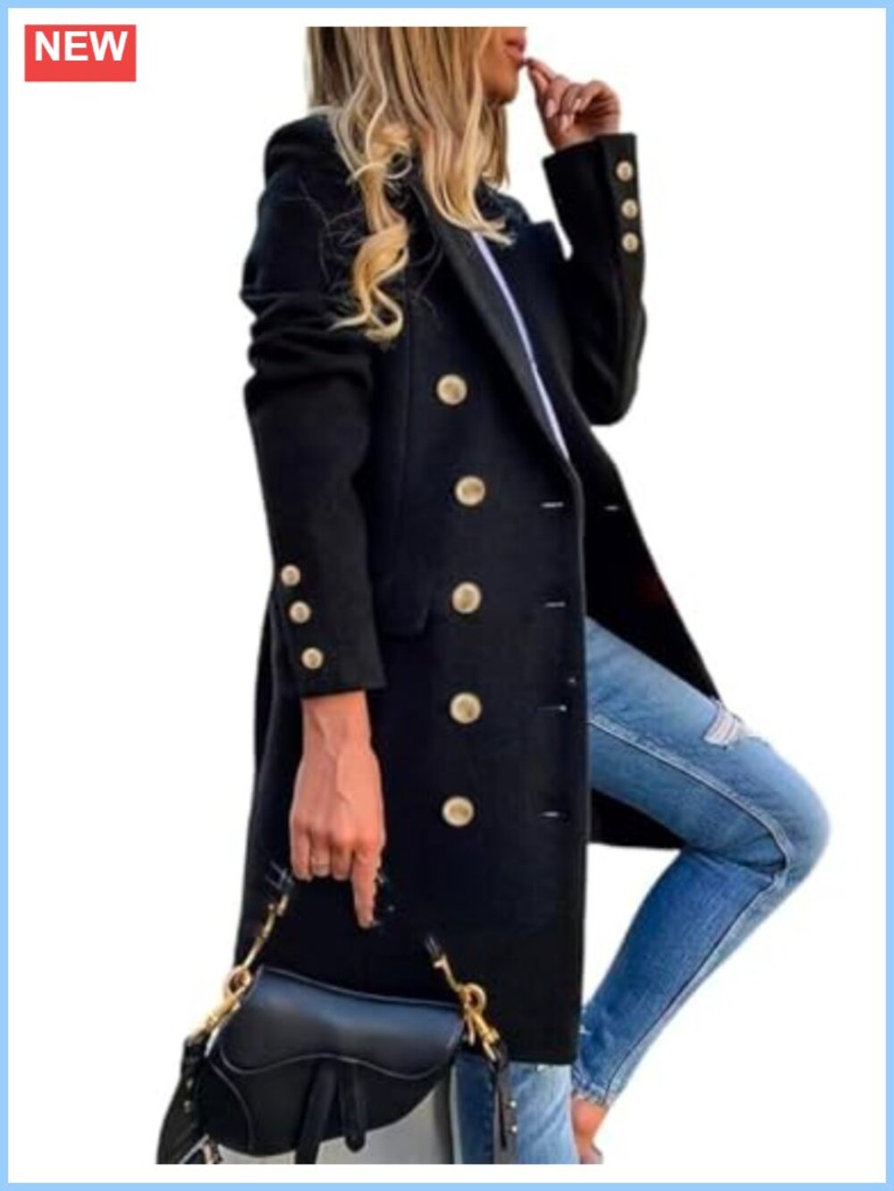 Wool Blend Double Breasted Peacoat Women Long Sleeve Notch Lapel Trench